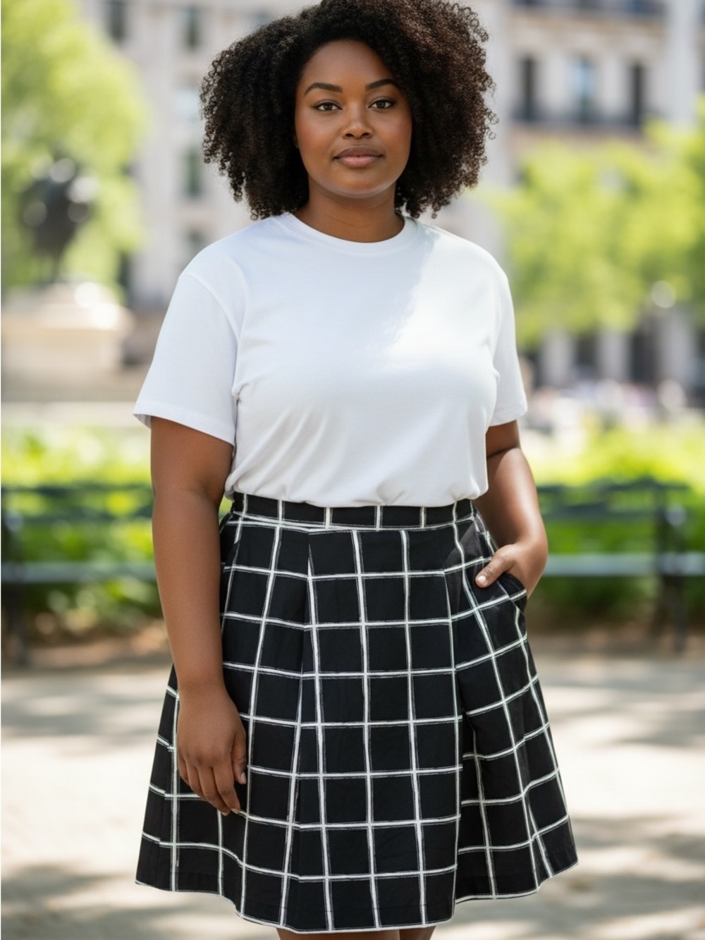 MICHAEL Michael Kors Black Pleated Cotton Skirt with White Windowpane Size 16